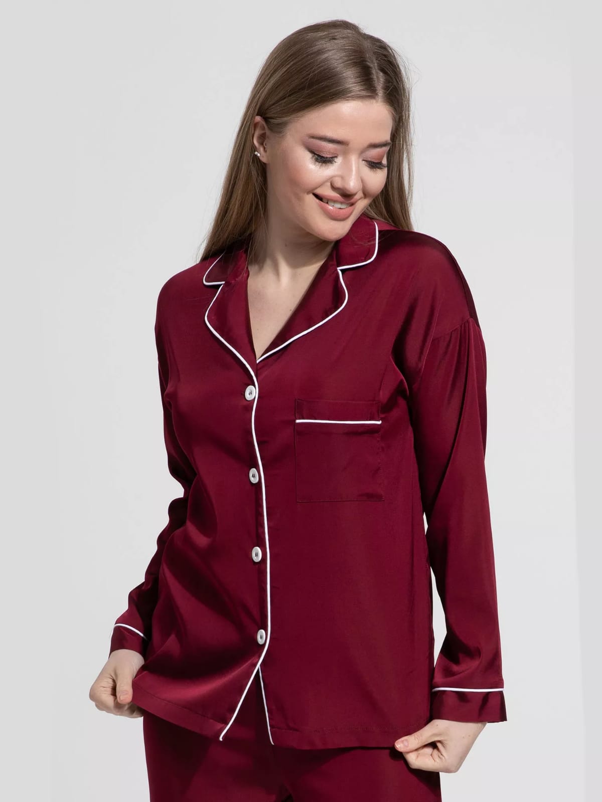Notch Collar Satin Pajama Set - Maroon