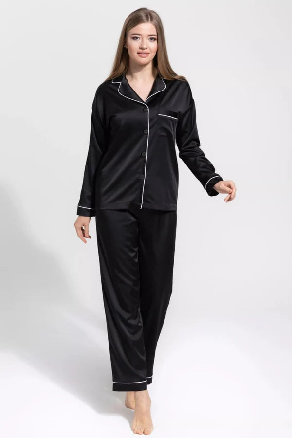 Notch Collar Satin Pajama Set - Black