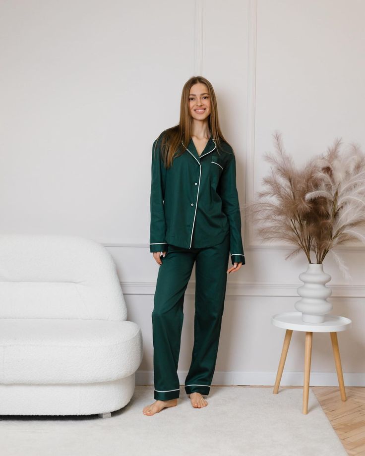 Notch Collar Satin Pajama Set - EverGreen