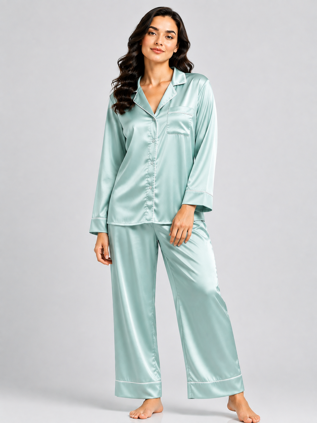 Notch Collar Satin Pajama Set - SeaFoanGreen
