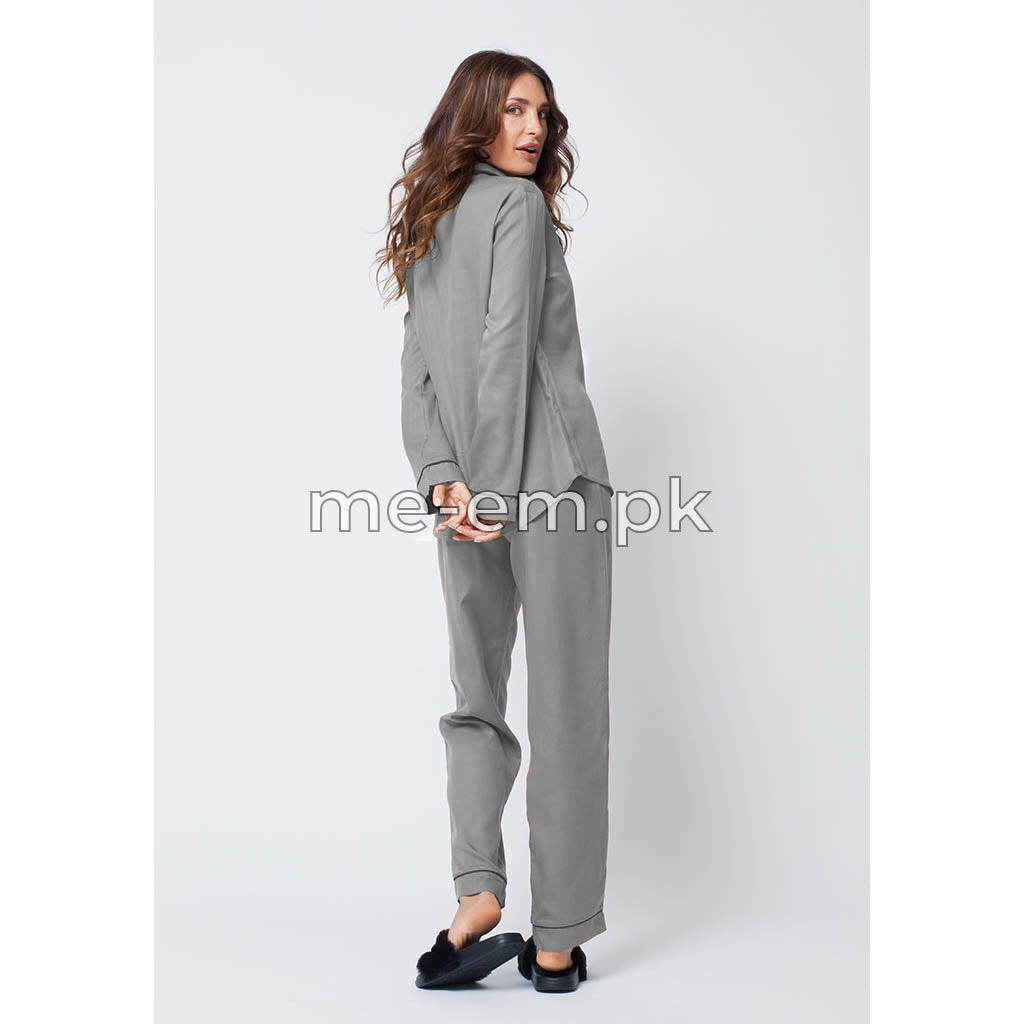 Notch Collar Satin Pajama Set - Grey