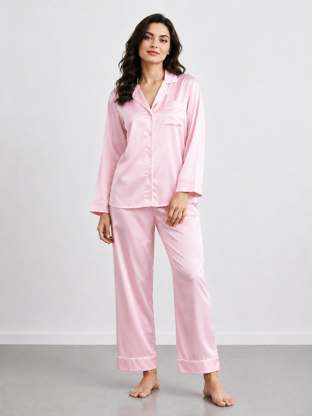 Notch Collar Satin Pajama Set - LightPink