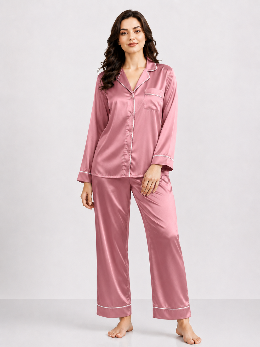 Notch Collar Satin Pajama Set - Copper