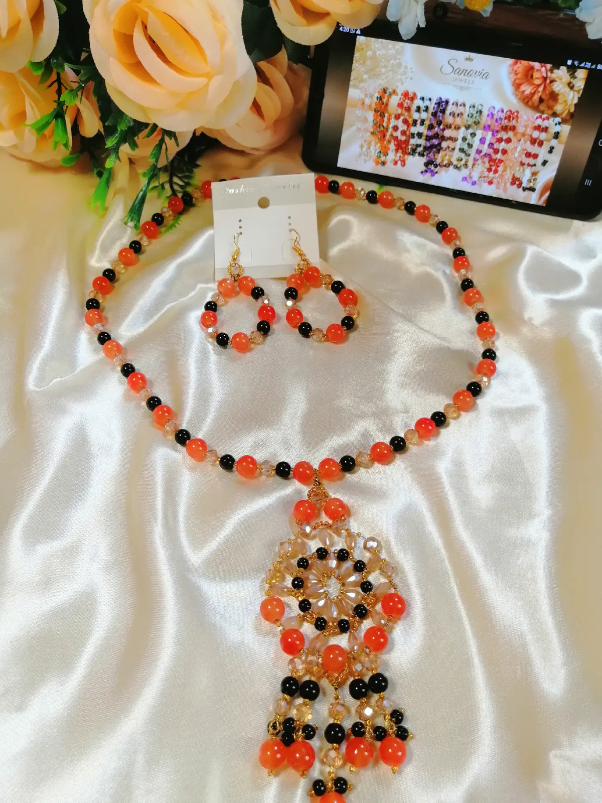 Triple Color Beaded Necklace & Earrings Set | Handmade Jewelry by Sanovia Jewels