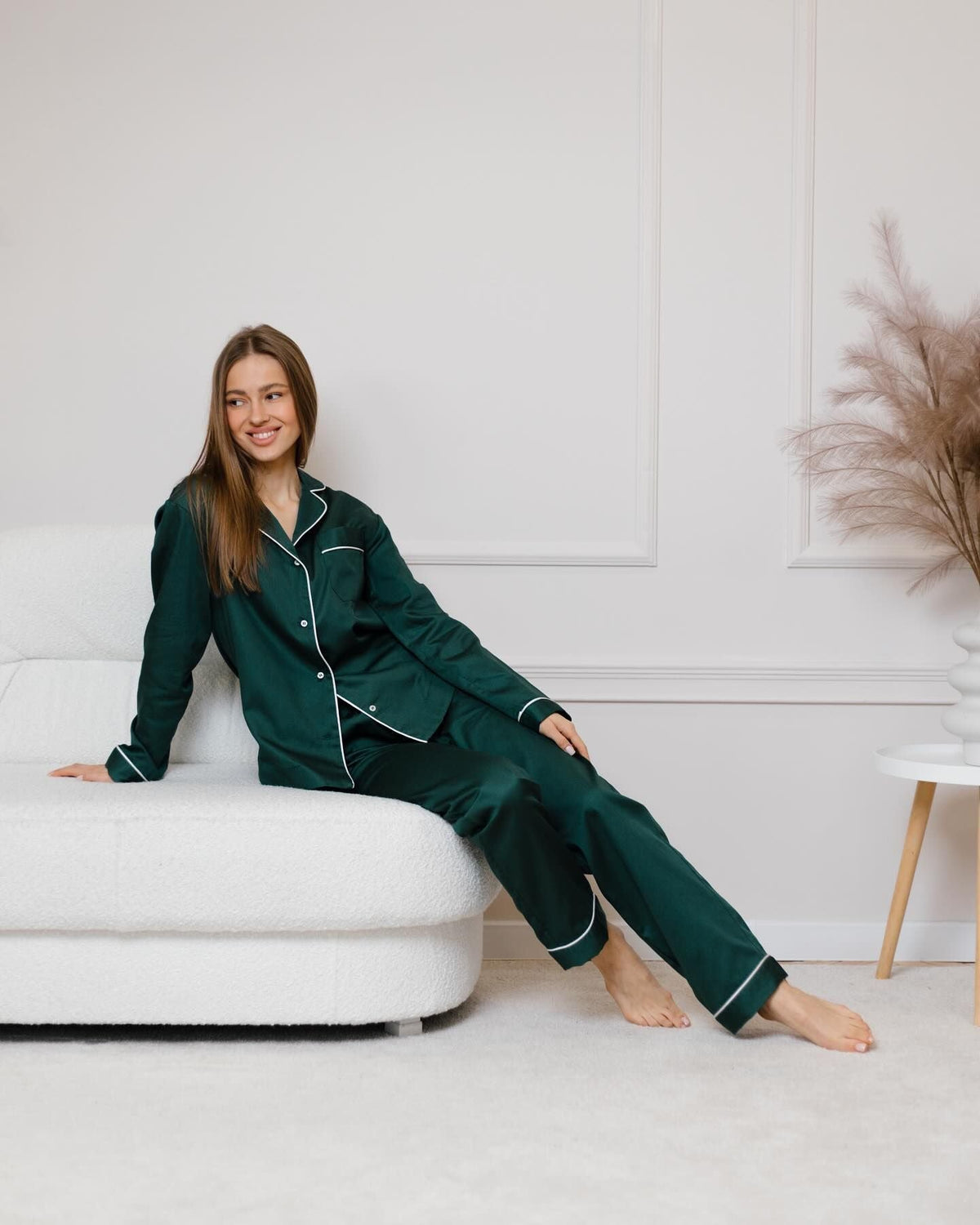 Notch Collar Satin Pajama Set - EverGreen