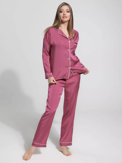 Notch Collar Satin Pajama Set - DarkPink