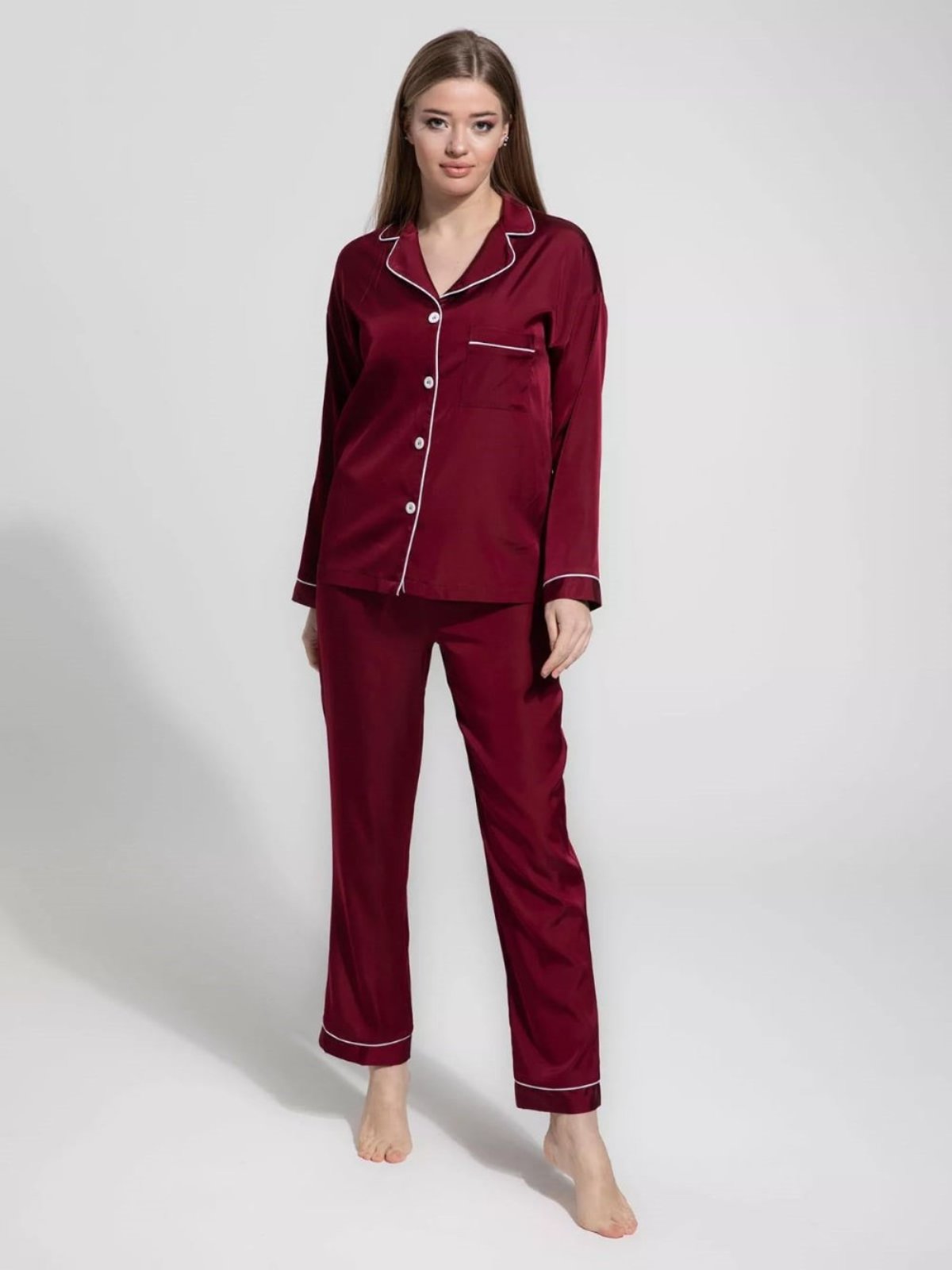 Notch Collar Satin Pajama Set - Maroon