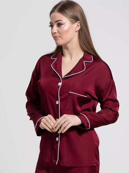 Notch Collar Satin Pajama Set - Maroon