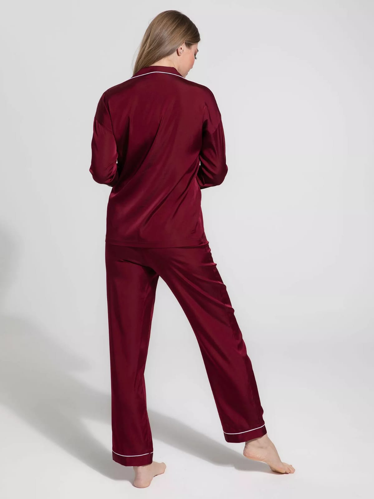 Notch Collar Satin Pajama Set - Maroon