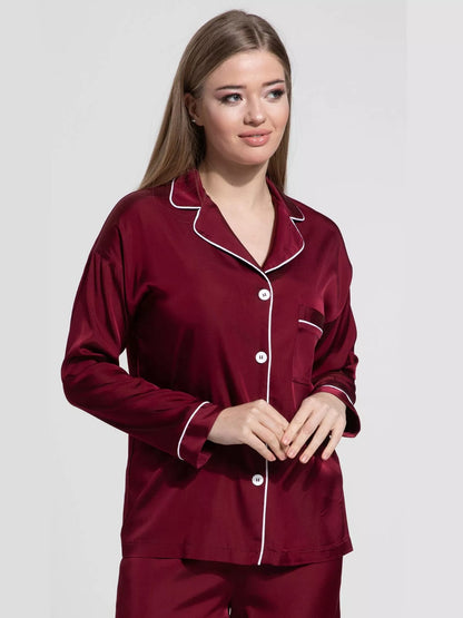 Notch Collar Satin Pajama Set - Maroon
