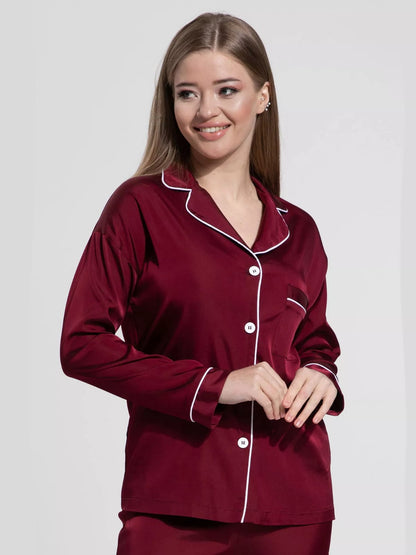 Notch Collar Satin Pajama Set - Maroon