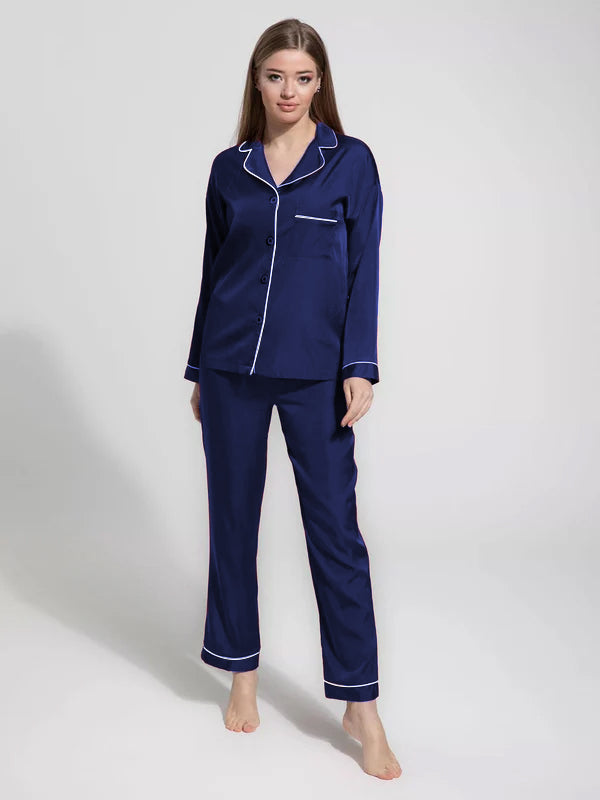 Notch Collar Satin Pajama Set - NavyBlue