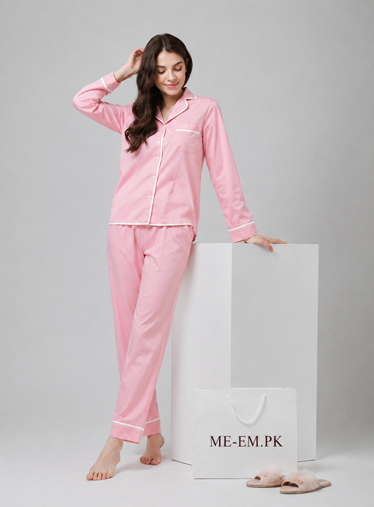 Notch Collar Satin Pajama Set - LightPink