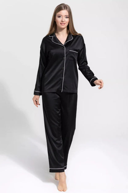 Notch Collar Satin Pajama Set - Black