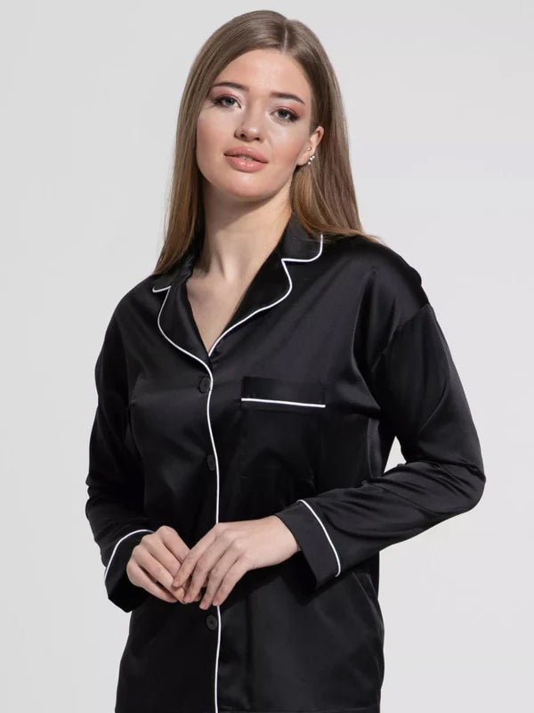 Notch Collar Satin Pajama Set - Black