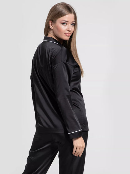Notch Collar Satin Pajama Set - Black
