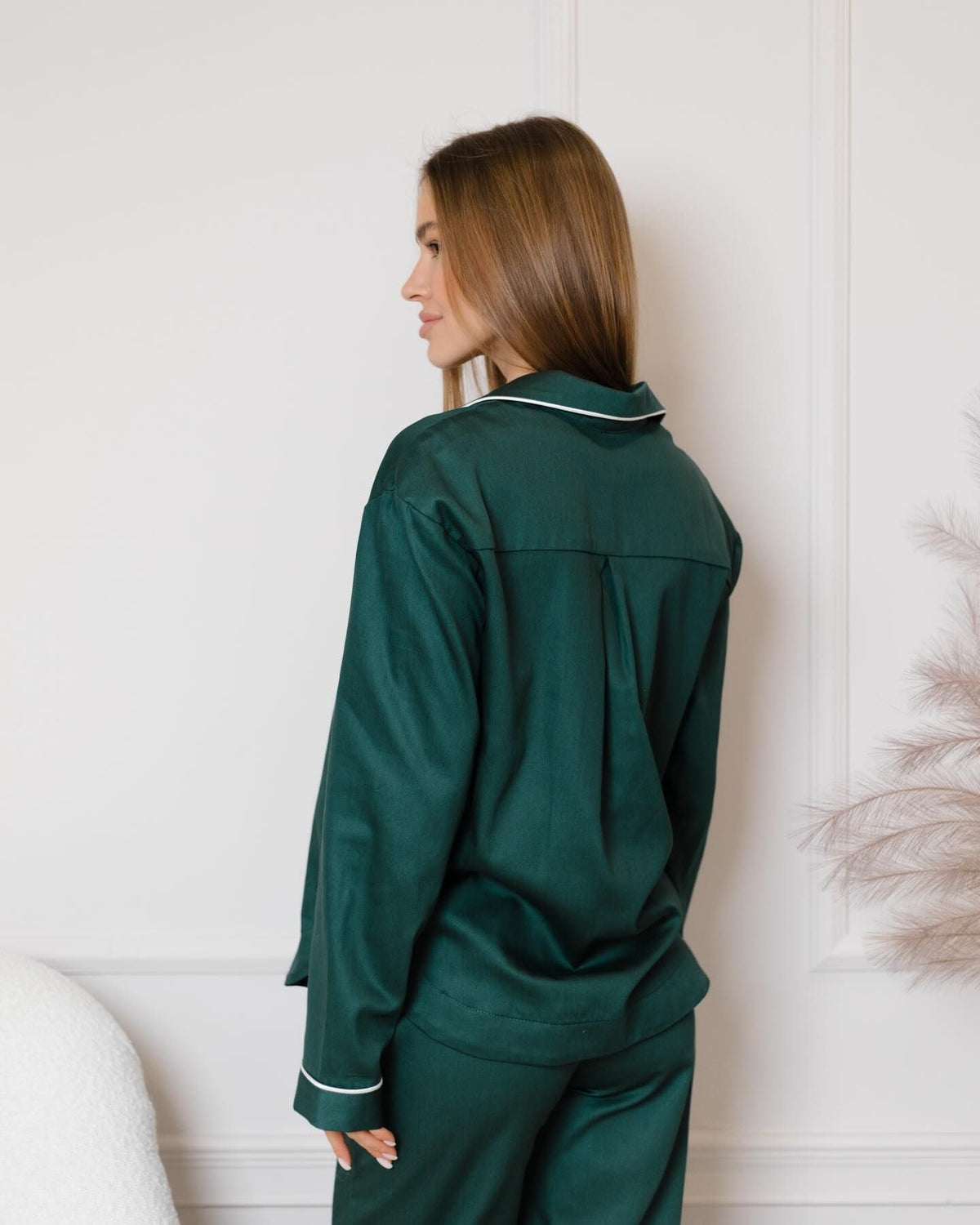 Notch Collar Satin Pajama Set - EverGreen