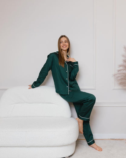 Notch Collar Satin Pajama Set - EverGreen