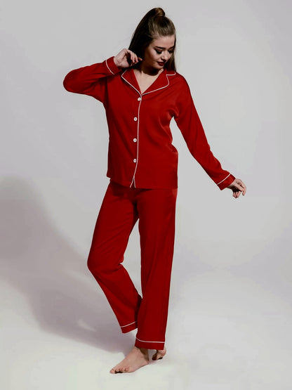 Notch Collar Satin Pajama Set - Red