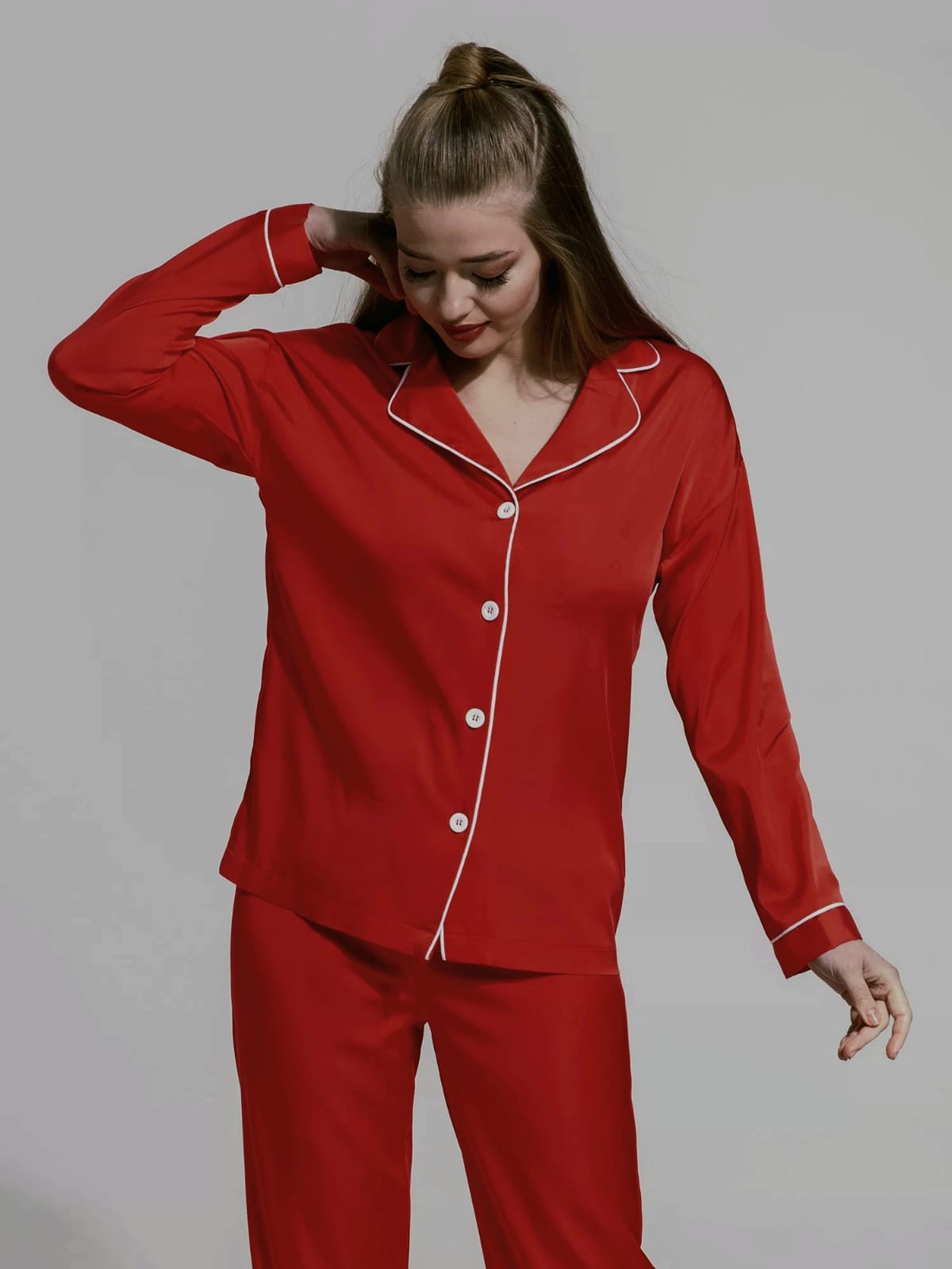 Notch Collar Satin Pajama Set - Red