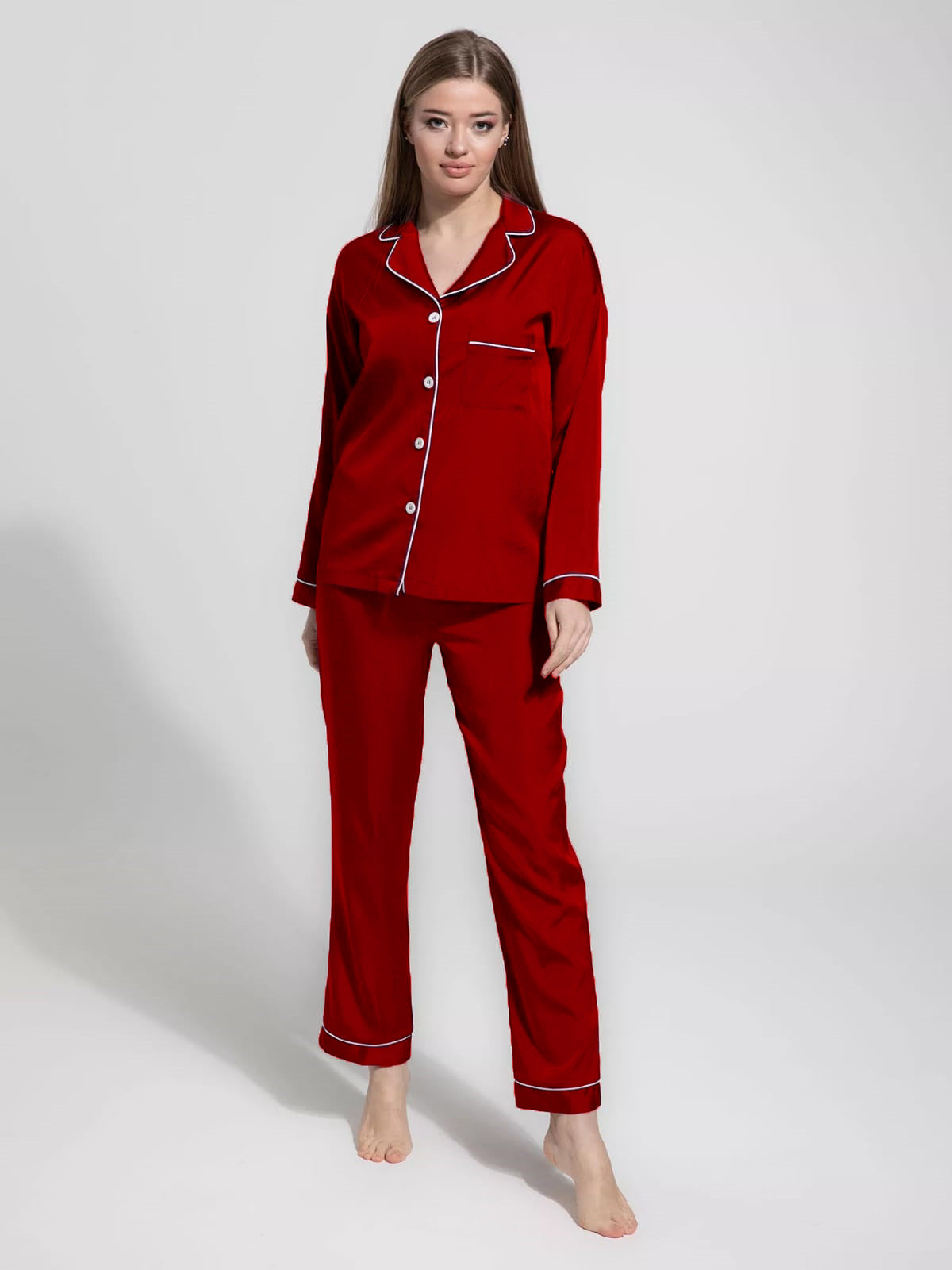 Notch Collar Satin Pajama Set - Red