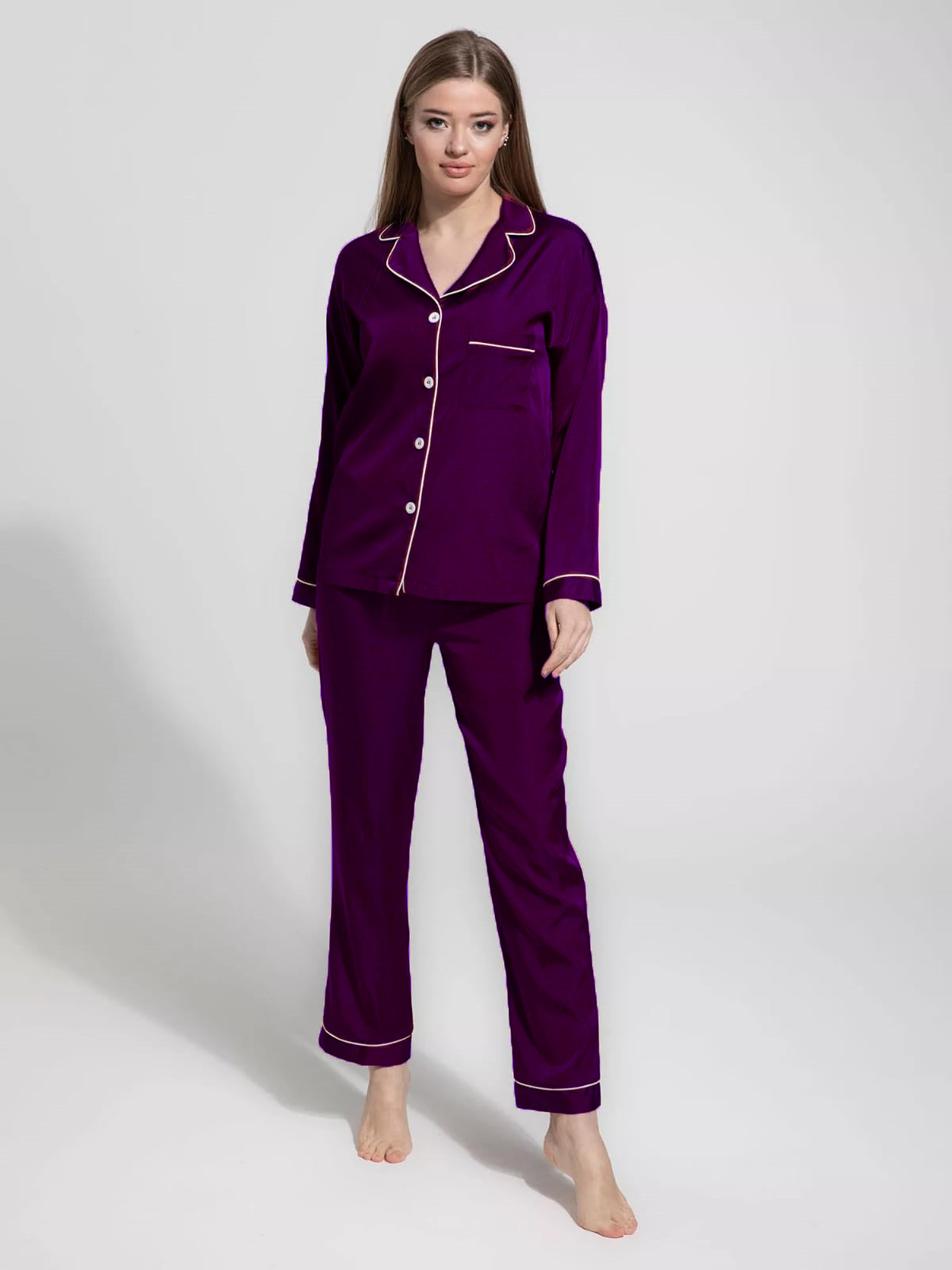 Notch Collar Satin Pajama Set - MidnightPurple