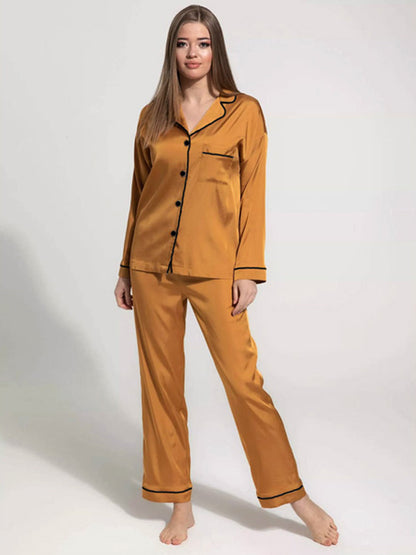Notch Collar Satin Pajama Set - Camel