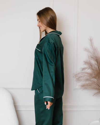 Notch Collar Satin Pajama Set - EverGreen