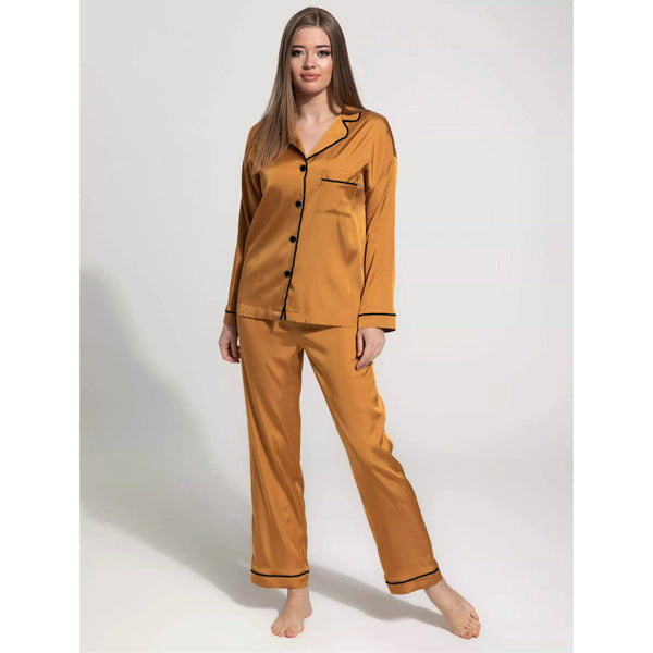 Notch Collar Satin Pajama Set - Camel