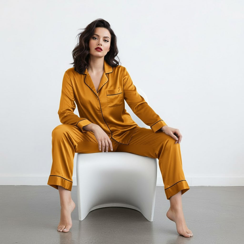 Notch Collar Satin Pajama Set - Camel