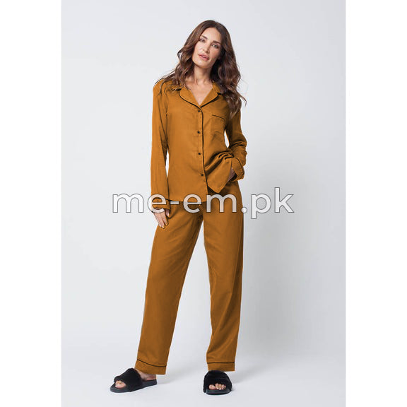 Notch Collar Satin Pajama Set - Camel