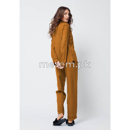 Notch Collar Satin Pajama Set - Camel