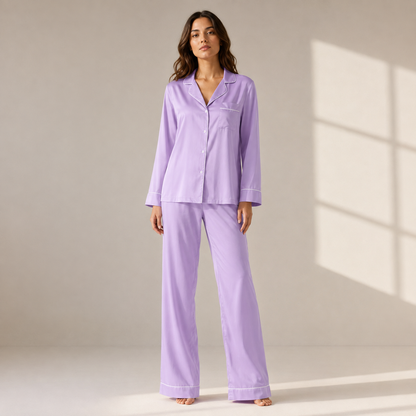 Notch Collar Satin Pajama Set - Laviender