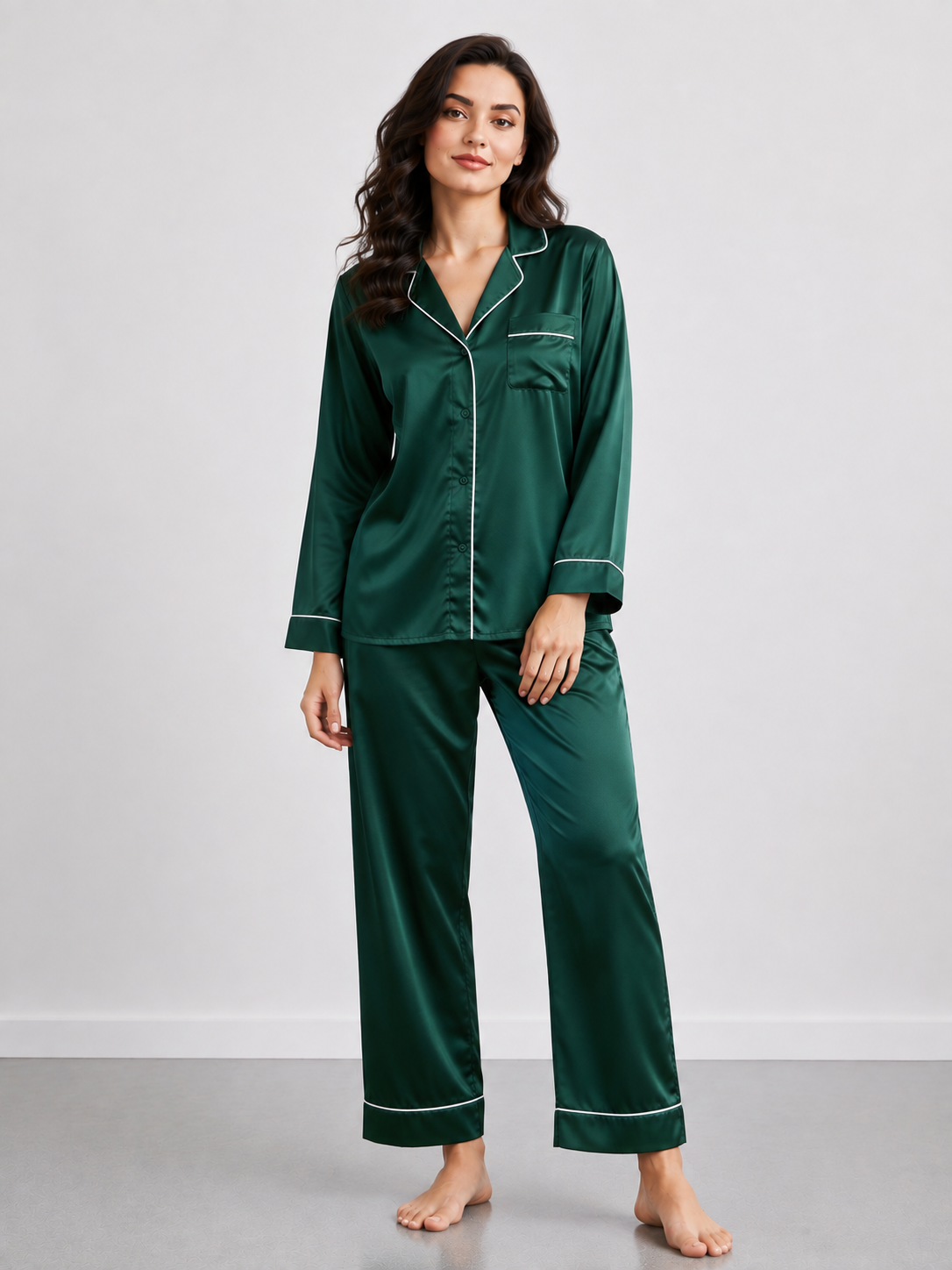 Notch Collar Satin Pajama Set - EverGreen