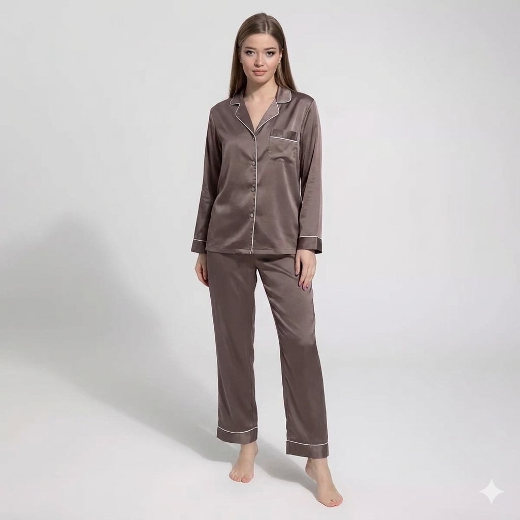 Notch Collar Satin Pajama Set - LightBrown