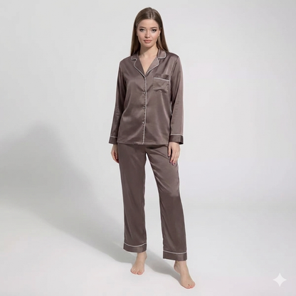 Notch Collar Satin Pajama Set - LightBrown