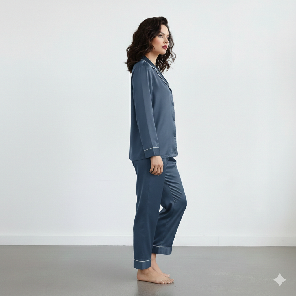Notch Collar Satin Pajama Set - NavyBlue