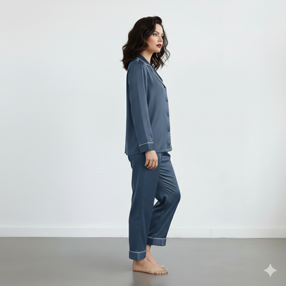 Notch Collar Satin Pajama Set - NavyBlue