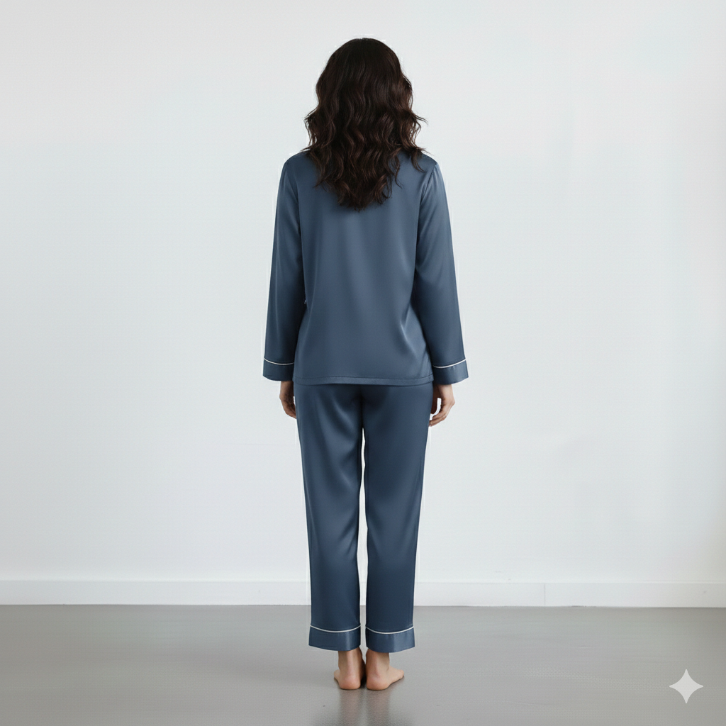 Notch Collar Satin Pajama Set - NavyBlue