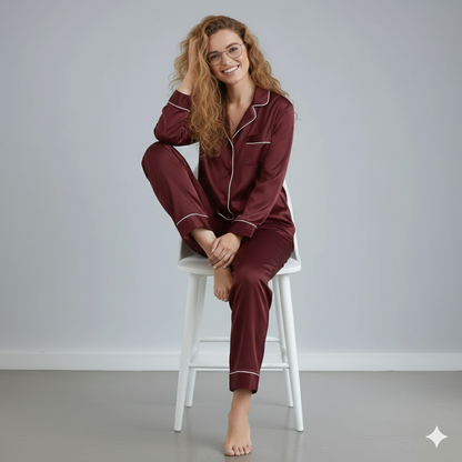 Notch Collar Satin Pajama Set - Maroon