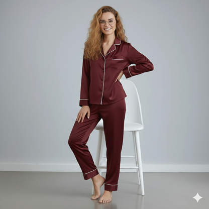Notch Collar Satin Pajama Set - Maroon