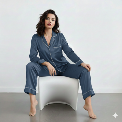 Notch Collar Satin Pajama Set - NavyBlue