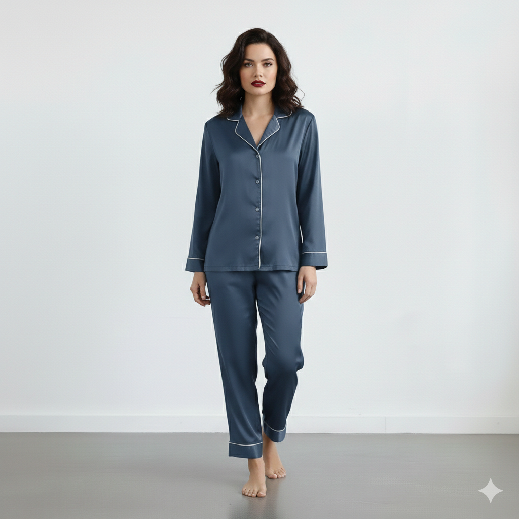 Notch Collar Satin Pajama Set - NavyBlue