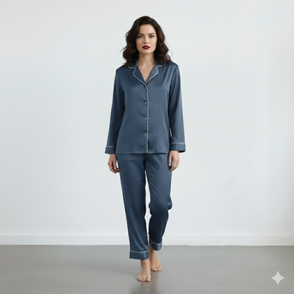 Notch Collar Satin Pajama Set - NavyBlue