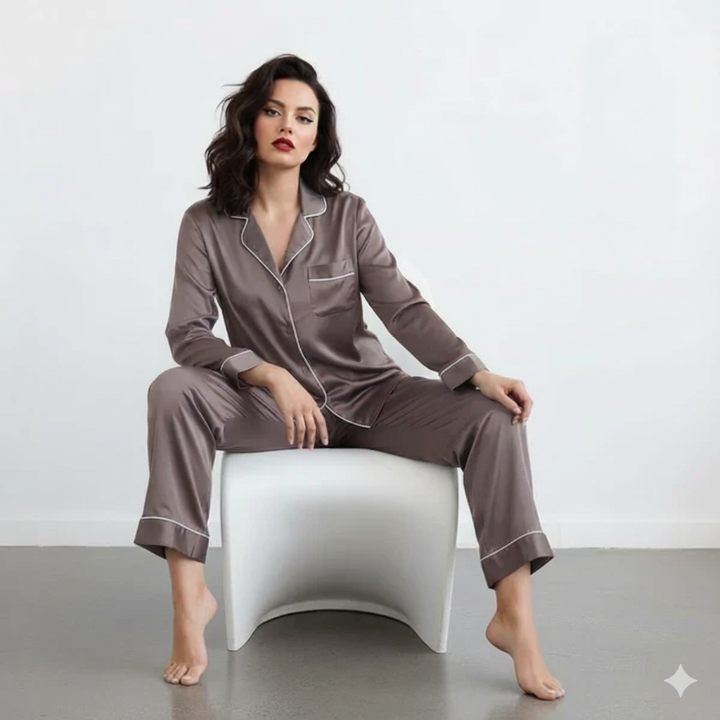 Notch Collar Satin Pajama Set - LightBrown