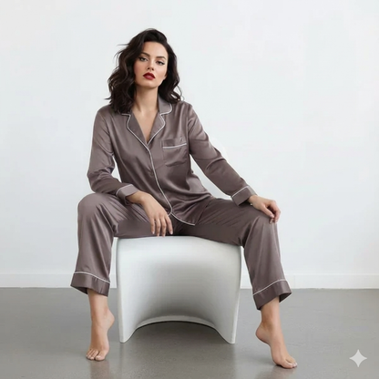 Notch Collar Satin Pajama Set - LightBrown