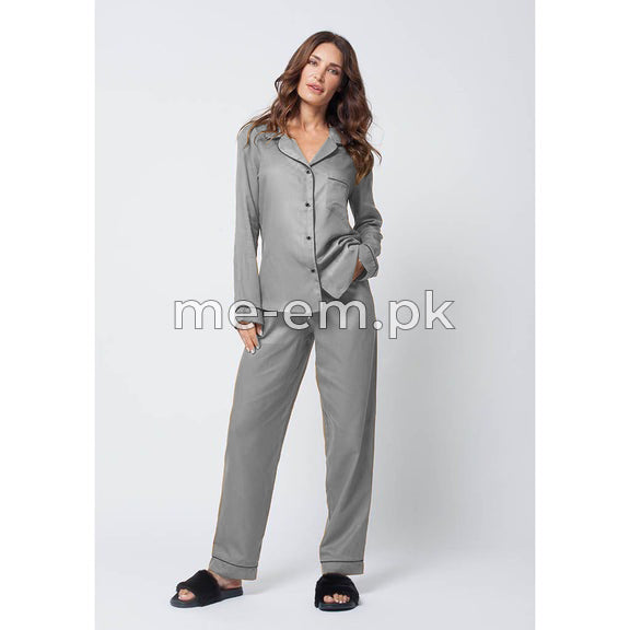 Notch Collar Satin Pajama Set - Grey