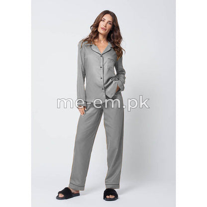 Notch Collar Satin Pajama Set - Grey