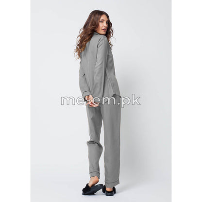 Notch Collar Satin Pajama Set - Grey