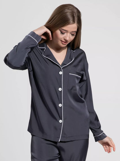 Notch Collar Satin Pajama Set - Charcoal